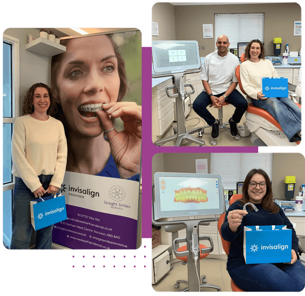 Smiling patient holding Invisalign aligner